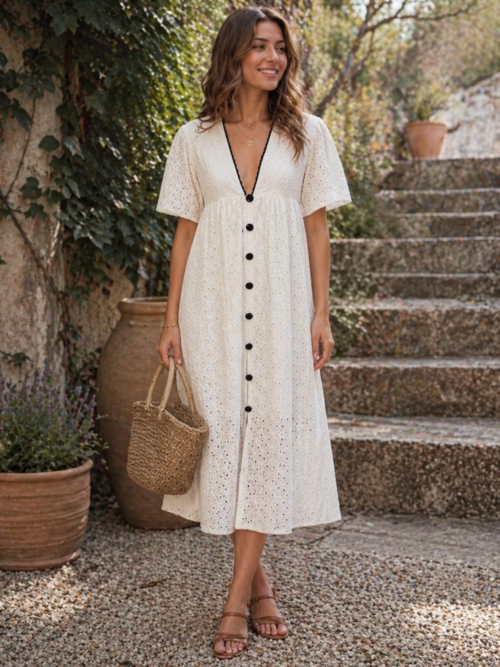 Urban Outfitters White Eyelet Midi Dress with Black Trim and Buttons